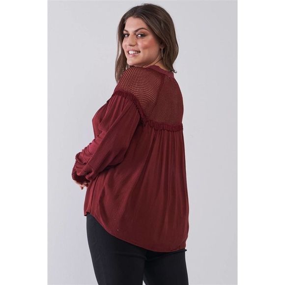 Plus Size Boho Sheer Net Mesh Balloon Sleeve Detail Relaxed Top - Picture 3 of 3